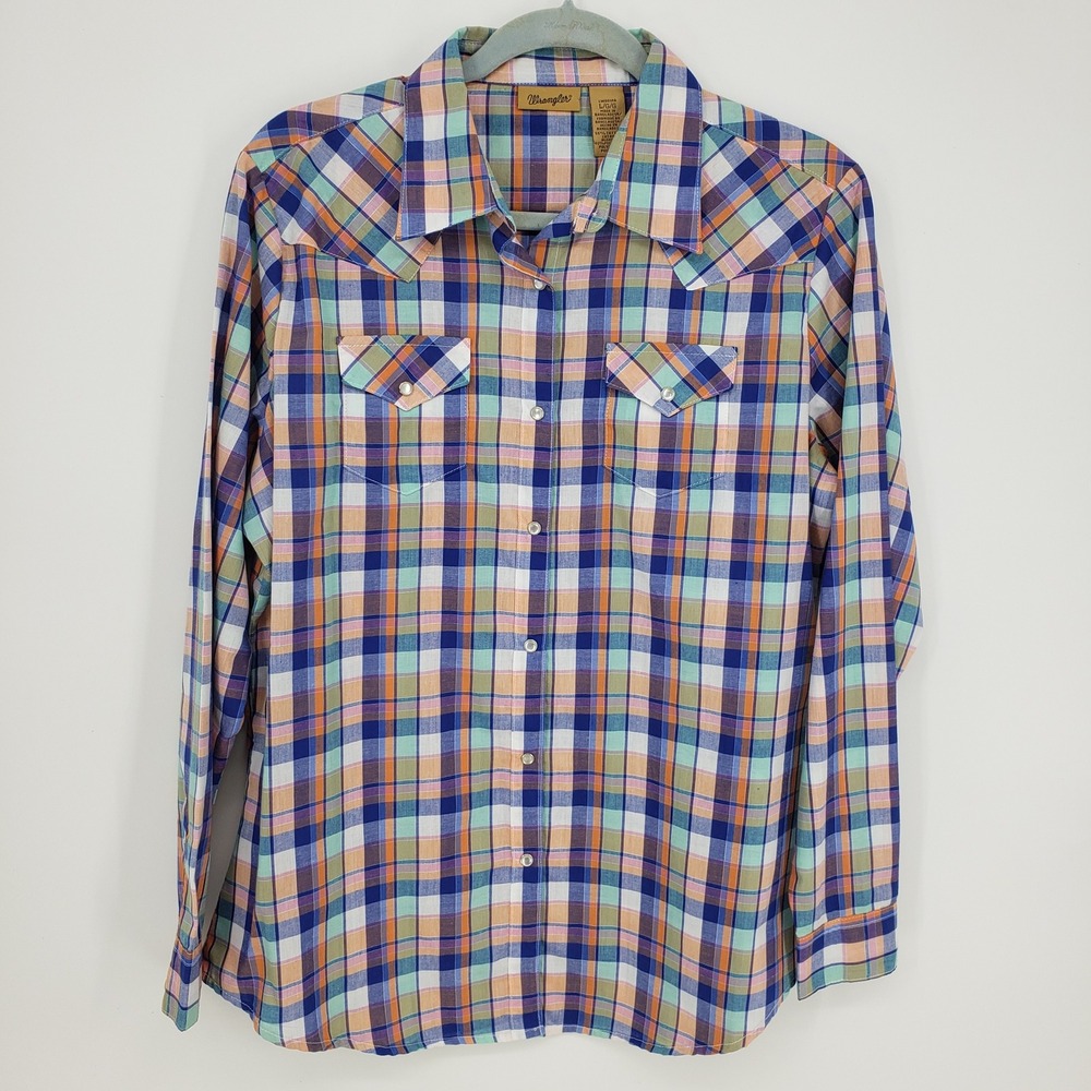 Wrangler Plaid Western Pearl Snap Button Down Shirt Mens Size L Long Sleeve Blue